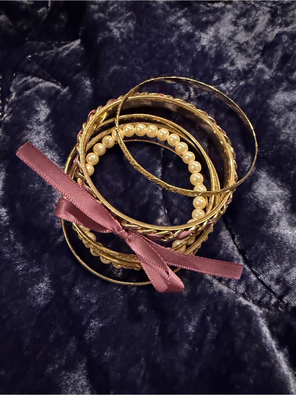 Gold Pearl Stackable Bangle Bracelet Set with Pink Ribbon